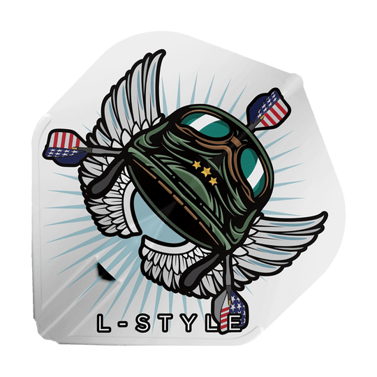 L-Style_Leonard_Gates_V3_White_L1EZ_Flights_1 Das Bild zeigt das Produkt "L-Style Leonard Gates V3 White L1EZ Flights". Auf dem Flight ist ein Helm mit Flügeln und amerikanischen Dartpfeilen abgebildet, darunter steht "L-STYLE".