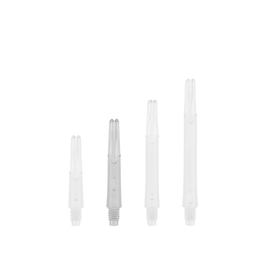 L-L-Style-Shafts Locked Straight - Clear Das Bild zeigt vier transparente, gerade Kunststoffschäfte in unterschiedlichen Längen. Sie sind vermutlich Ersatzteile für Dartpfeile.