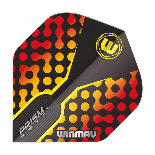 Das Bild zeigt das Produkt "Winmau Prism Zeta RedOrange Standard Flights". Das Design ist schwarz mit roten, gelben und orangefarbenen Punkten und Mustern.