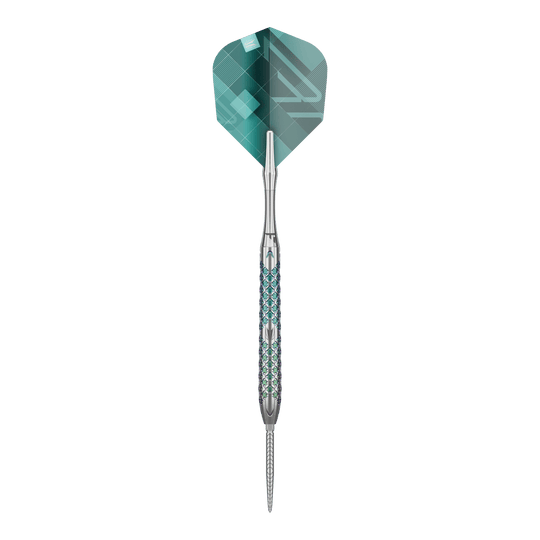 Target Rove 03 Swiss Point steel darts Das Bild zeigt einen Target Rove 03 Swiss Point Steeldart. Der Dart hat ein silbernes Metallgehäuse mit blauen Akzenten und eine grüne Flight.