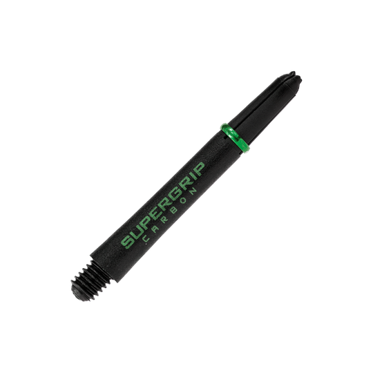 HR361_Harrows_Supergrip_Carbon_Shafts_Gr-n_40mm_2 Das Bild zeigt einen Harrows Supergrip Carbon Shaft in Grün. Der Schaft ist schwarz mit grüner Schrift und einem grünen Ring.