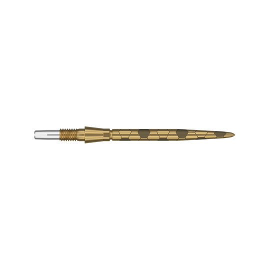 Target Swiss Storm Onyx Point Dart Tips - Gold Das Bild zeigt eine goldene Dartspitze mit einem strukturierten, sechseckigen Muster. Sie ist lang und schmal gestaltet, mit einem silbernen Gewinde am linken Ende.