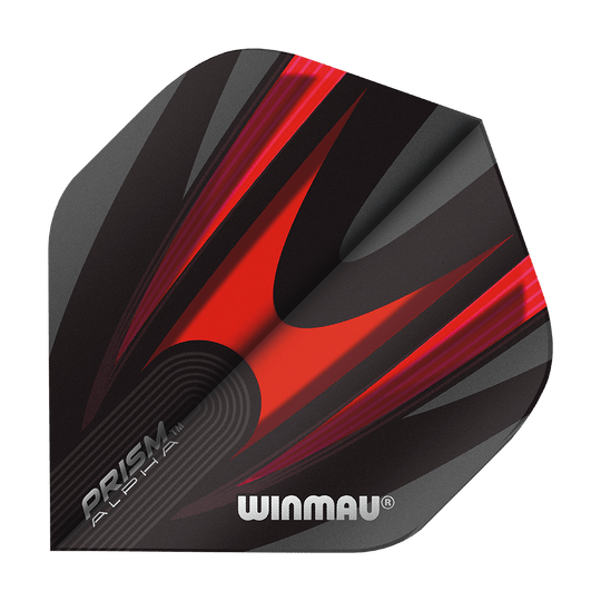 6915-167_Winmau_Prism_Alpha_6915-167_Standard_Flights_18nBaKODMf06sK Dies ist ein Winmau Prism Alpha 6915.167 Standard Flight für Darts. Das Flight hat ein auffälliges Design in Schwarz und Rot mit dem Winmau-Logo darauf.