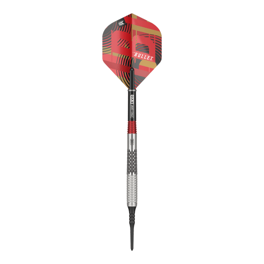 Target Stephen Bunting GEN5 Soft Darts - 18g Auf dem Bild ist ein Softdart der Marke Target Stephen Bunting GEN5 mit einem Gewicht von 18 Gramm zu sehen. Der Dart hat ein auffälliges, rot-schwarzes Design mit der Aufschrift "BULLET" auf dem Flight.