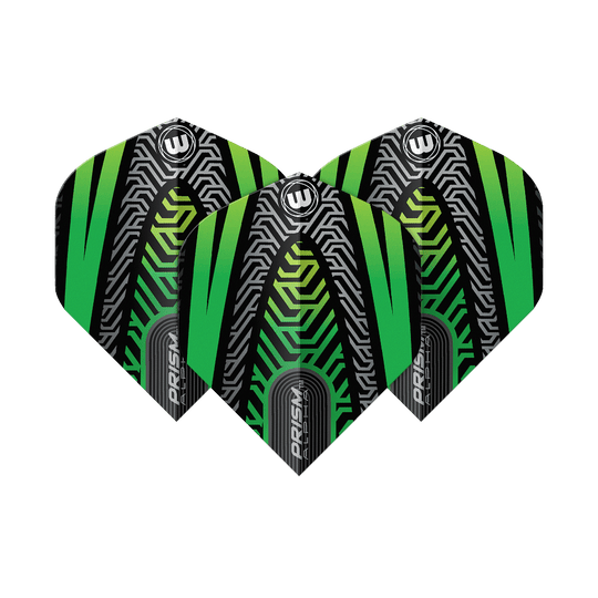 Winmau Prism Alpha Black Green No. 2 Standard Flights Winmau Prism Alpha Schwarz No2 Standard Flights sind als Set abgebildet. Das Muster ist auffällig und modern.