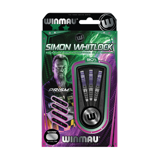 Winmau Simon Whitlock Special Edition 2020 steel darts Die Abbildung zeigt das Produkt „Winmau Simon Whitlock Special Edition 2020 Steeldarts“ in der Originalverpackung. Auf der Verpackung sind drei Steeldarts und ein Bild von Simon Whitlock zu sehen.