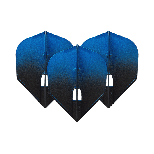 L-Style Two Tone L3PRO Flights Auf dem Bild sind drei blaue Dartflights zu sehen. Sie haben ein zweifarbiges Design mit einem Verlauf von Blau zu Schwarz.