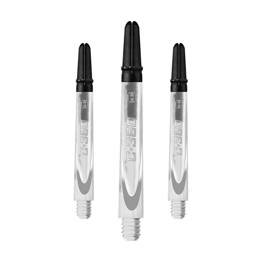 HR448_Harrows_Carbon_360_Shafts_Clear_49mm_1EXwDpJSfnNzw3 Das Bild zeigt drei transparente Dartschäfte mit schwarzem oberen Ende. Auf den Schäften steht die Aufschrift "C:360".