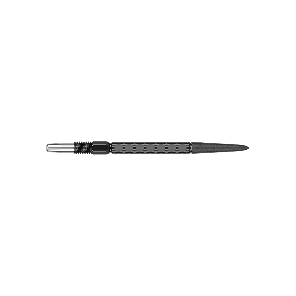 Target Swiss FLT Point Dart Tips - Black Zwei Dartspitzen mit dunkler Farbgebung sind abgebildet. Sie sind parallel im Bild angeordnet.