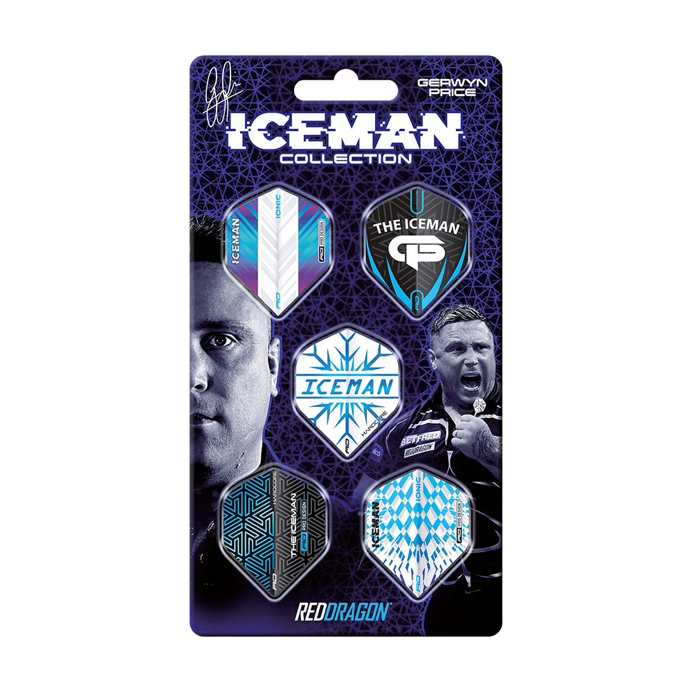 X0799_Red_Dragon_Gerwyn_Price_1_Flight_Card_1 Das Bild zeigt die "Red Dragon Gerwyn Price 1 Flight Card" aus der Iceman Kollektion. Auf der Verpackung sind fünf verschiedene Flights für Darts sowie Bilder und Grafiken von Gerwyn Price abgebildet.