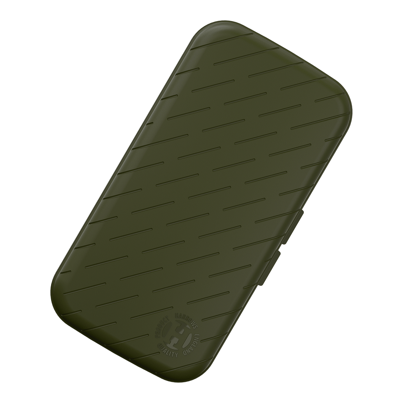 Harrows Slimcase Dart Case Das Bild zeigt ein schlankes, grünes Etui mit leicht abgeschrägten Kanten und schrägen Linien als Muster. In der unteren Ecke befindet sich ein rundes Logo mit der Aufschrift "HARROWS ORIGINAL QUALITY PRODUCT".