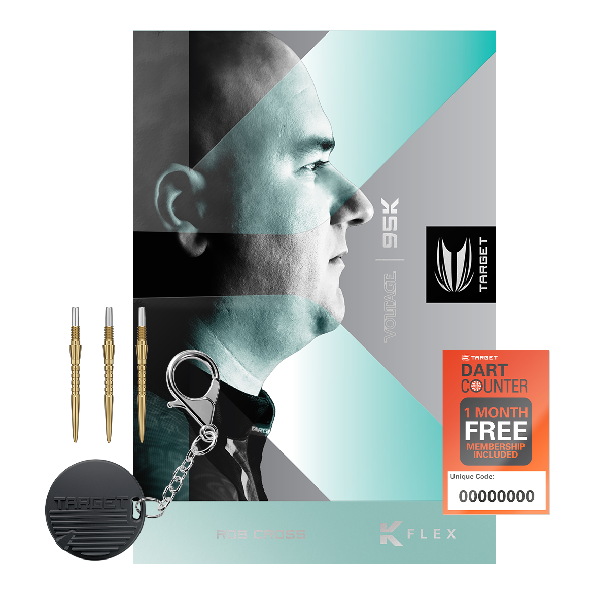 Das Bild zeigt eine Verpackung mit dem Profilbild eines Mannes und dem Schriftzug "Rob Cross 95K" von Target. Außerdem sind drei Steeldarts, ein Schlüsselanhänger und eine Karte für eine einmonatige kostenlose Dart Counter-Mitgliedschaft abgebildet.