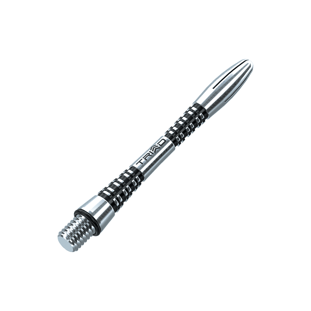 7013-401_Winmau_Triad_Aluminium_Shafts_Schwarz_41mm_2 Das Bild zeigt einen Winmau Triad Aluminium Schaft in Schwarz. Der Schaft hat ein modernes, geriffeltes Design und ist aus Metall gefertigt.