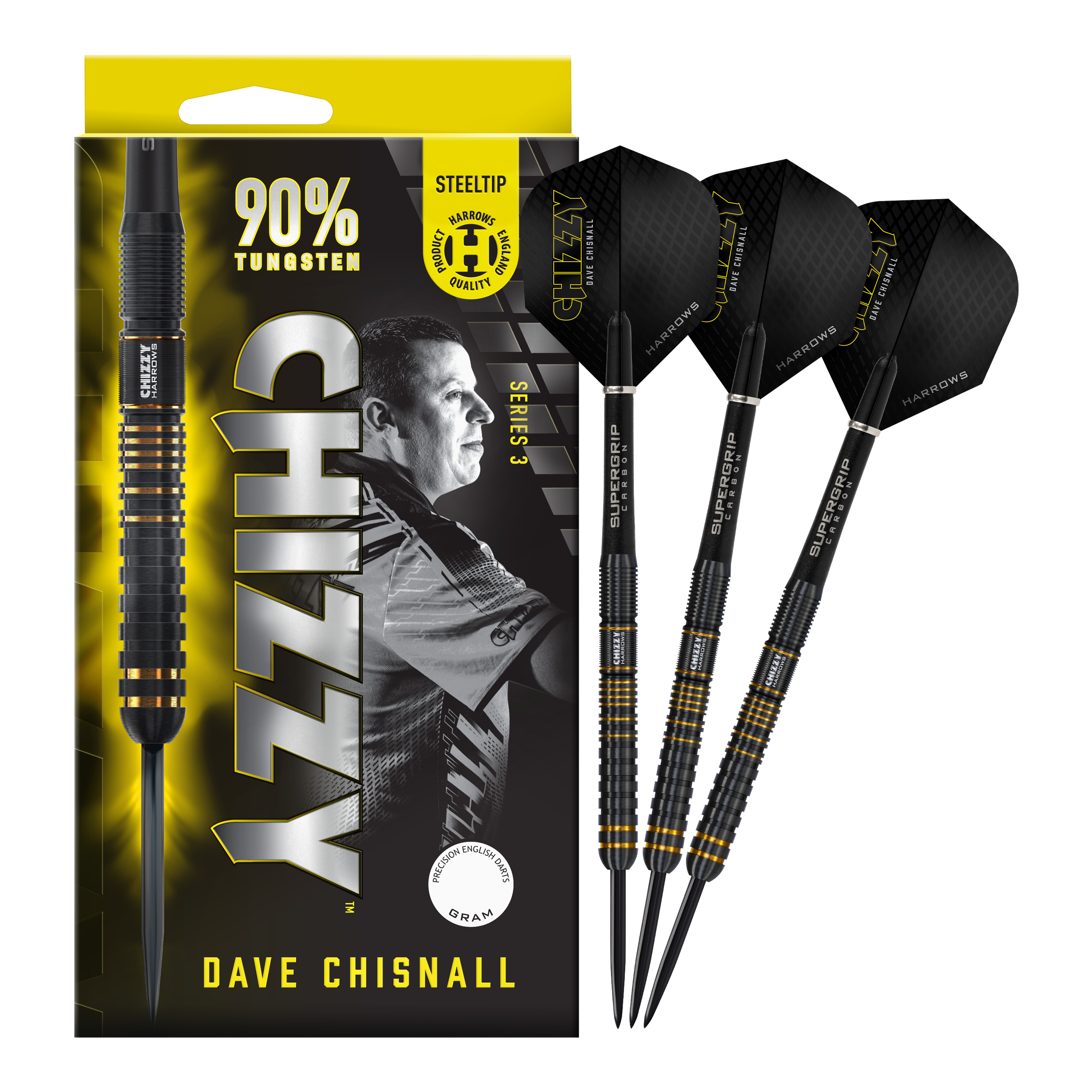 Harrow's Dave Chisnall Chizzy Series 3 steel darts Das Bild zeigt eine Verpackung der Harrows Dave Chisnall Chizzy Series 3 Steeldarts mit einem Porträt von Dave Chisnall. Rechts daneben sind drei schwarze und gelbe Steeldarts abgebildet.