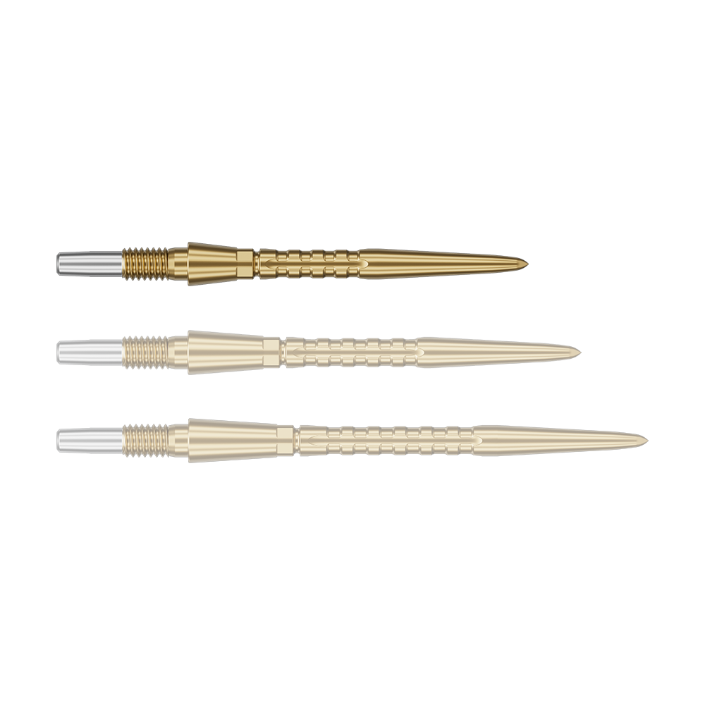 Target Swiss Point Storm Surge steel dart tips - gold Auf dem Bild sind drei goldfarbene Dartspitzen zu sehen. Sie liegen nebeneinander auf grünem Hintergrund.